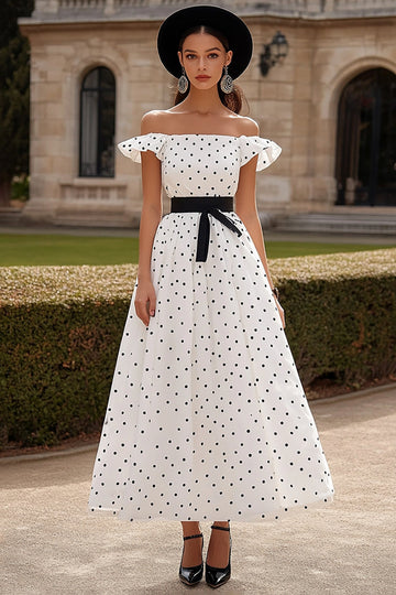 White Off The Shoulder A Line Wedding Guest Dress with Black Dots